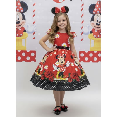 Vestido Infantil Minnie Vermelho Florido C/ Cinto de Pérolas