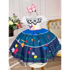 Vestido Infantil Branco e Azul Com Cinto Pérolas Princesas