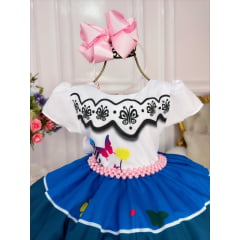 Vestido Infantil Branco e Azul Com Cinto Pérolas Princesas