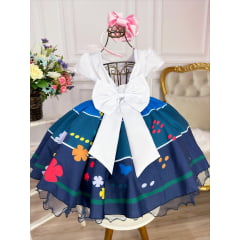 Vestido Infantil Branco e Azul Com Cinto Pérolas Princesas