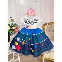 Vestido Infantil Branco e Azul Com Cinto Pérolas Princesas