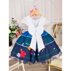 Vestido Infantil Branco e Azul Com Cinto Pérolas Princesas