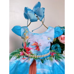 Vestido Infantil Moana Azul Praia Cinto de Pérolas Luxo
