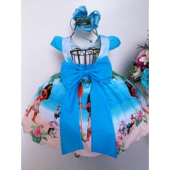 Vestido Infantil Moana Azul Praia Cinto de Pérolas Luxo