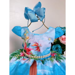 Vestido Infantil Azul Praia Cinto de Pérolas Luxo