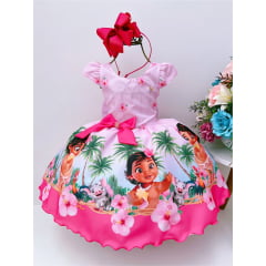 Vestido Infantil Moana Baby Rosa C/ Broche Luxo Festas