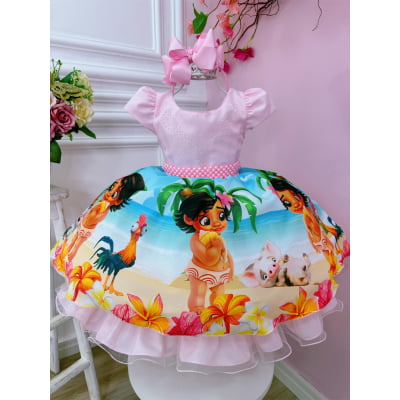 Vestido Infantil Moana Baby Rosa Strass C/ Cinto de Pérolas