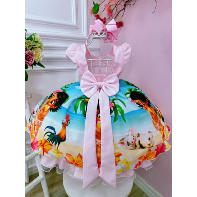 Vestido Infantil Moana Baby Rosa Strass C/ Cinto de Pérolas