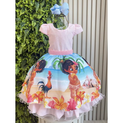Vestido Infantil Moana Baby Rosa Strass C/ Cinto de Pérolas Vestido Infantil Moana Baby Rosa Strass C/ Cinto de Pérolas