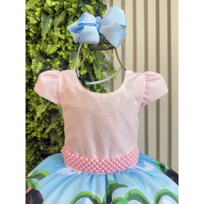 Vestido Infantil Moana Baby Rosa Strass C/ Cinto de Pérolas