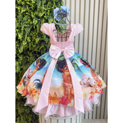 Vestido Infantil Moana Baby Rosa Strass C/ Cinto de Pérolas