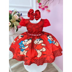 Vestido Infantil Mônica e Sansão Vermelho C/ Cinto Pérolas