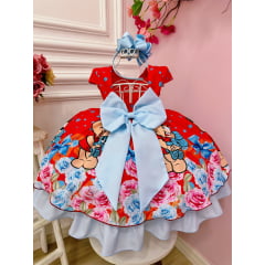 Vestido Infantil Mônica e Sansão Vermelho Florido Luxo