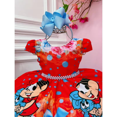 Vestido Infantil Mônica e Sansão Vermelho Florido Luxo