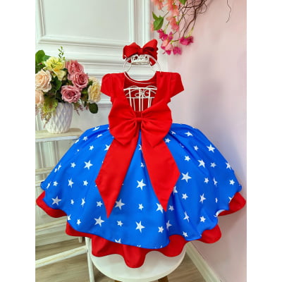 Vestido Infantil Mulher Maravilha Festa C/ Cinto de Pérolas