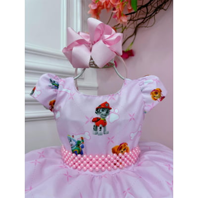 Vestido Infantil Patrulha Canina Rosa C/ Cinto de Pérolas
