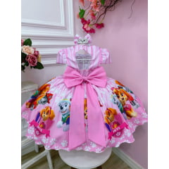 Vestido Infantil Patrulha Canina Rosa Cinto Pérolas Luxo