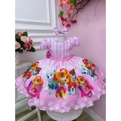 Vestido Infantil Patrulha Canina Rosa Cinto Pérolas Luxo