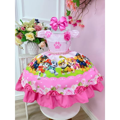 Vestido Infantil Patrulha Canina Rosa Barrado Chiclete