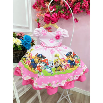 Vestido Infantil Patrulha Canina Rosa Barrado Chiclete