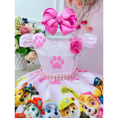 Vestido Infantil Patrulha Canina Rosa Barrado Chiclete