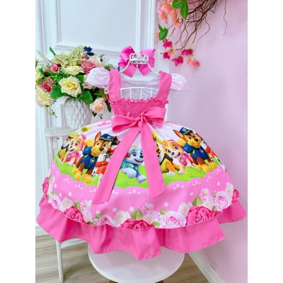Vestido Infantil Patrulha Canina Rosa Barrado Chiclete