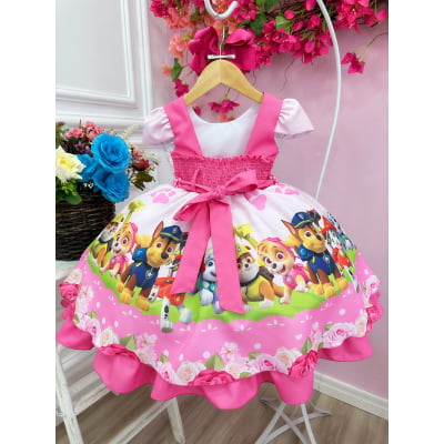 Vestido Infantil Patrulha Canina Rosa Barrado Chiclete
