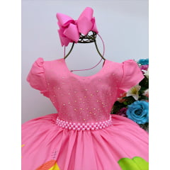 Vestido Infantil Peppa Pig Rosa chiclete Strass C/ Máscara Luxo