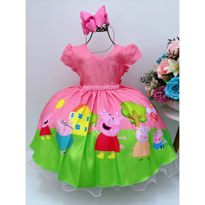 Vestido Infantil Peppa Pig Rosa chiclete Strass C/ Máscara Luxo