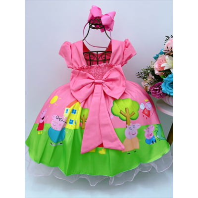 Vestido Infantil Peppa Pig Rosa chiclete Strass C/ Máscara Luxo