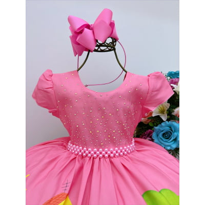 Vestido Infantil Peppa Pig Rosa chiclete Strass C/ Máscara Luxo