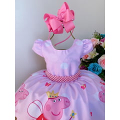 Vestido Infantil Peppa Pig Rosa Flores Cinto de Pérolas Luxo