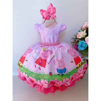 Vestido Infantil Peppa Pig Rosa Flores Cinto de Pérolas Luxo