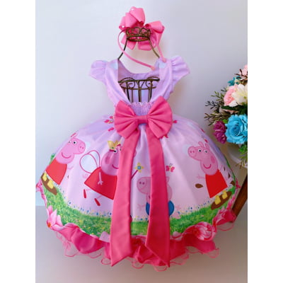 Vestido Infantil Peppa Pig Rosa Flores Cinto de Pérolas Luxo