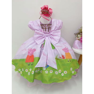 Vestido Infantil Peppa Pig Rosa Strass S/ Máscara Luxo