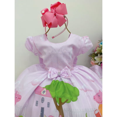 Vestido Infantil Peppa Pig Rosa Strass S/ Máscara Luxo
