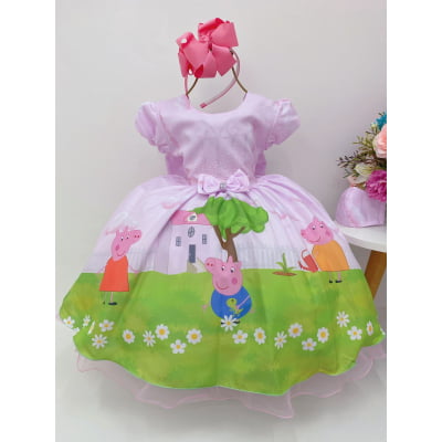 Vestido Infantil Peppa Pig Rosa Strass S/ Máscara Luxo