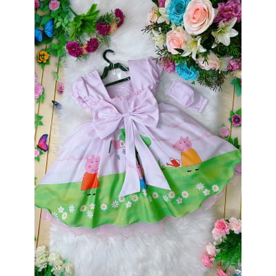 Vestido Infantil Peppa Pig Rosa Strass S/ Máscara Luxo