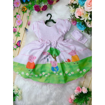 Vestido Infantil Peppa Pig Rosa Strass S/ Máscara Luxo