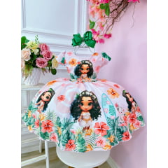 Vestido Infantil Pêssego Moana Doll Florido Luxo Festas