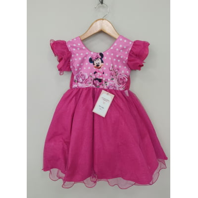 Vestido Infantil Pink da Minnie Saia C/ Glitter e Led Festas