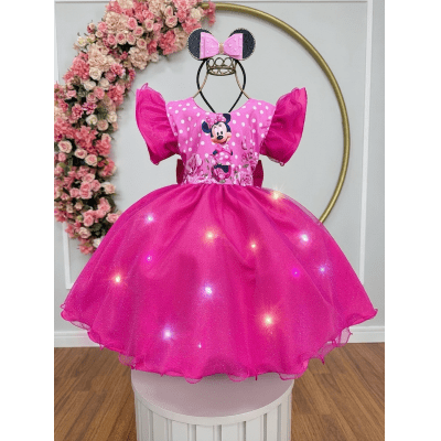 Vestido Infantil Pink da Minnie Saia C/ Glitter e Led Festas Vestido Infantil Pink da Minnie Saia C/ Glitter e Led Festas