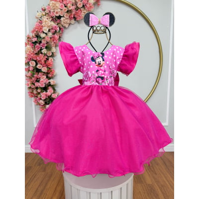 Vestido Infantil Pink da Minnie Saia C/ Glitter e Led Festas