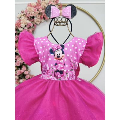 Vestido Infantil Pink da Minnie Saia C/ Glitter e Led Festas