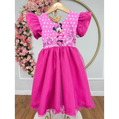 Vestido Infantil Pink da Minnie Saia C/ Glitter e Led Festas