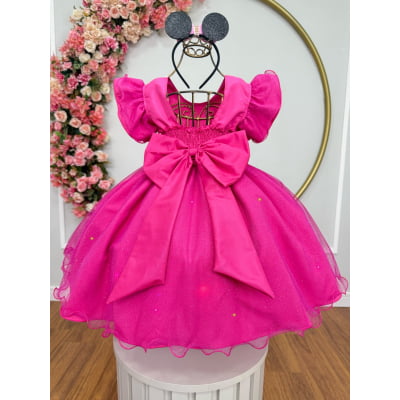 Vestido Infantil Pink da Minnie Saia C/ Glitter e Led Festas
