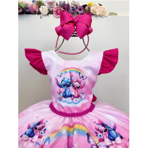 Vestido Infantil Pink Lilo Stitch e Angel Apaixonados Festas