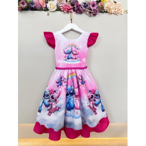 Vestido Infantil Pink Lilo Stitch e Angel Apaixonados Festas