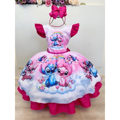 Vestido Infantil Pink Lilo Stitch e Angel Apaixonados Festas