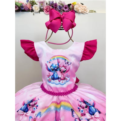 Vestido Infantil Pink Lilo Stitch e Angel Apaixonados Festas